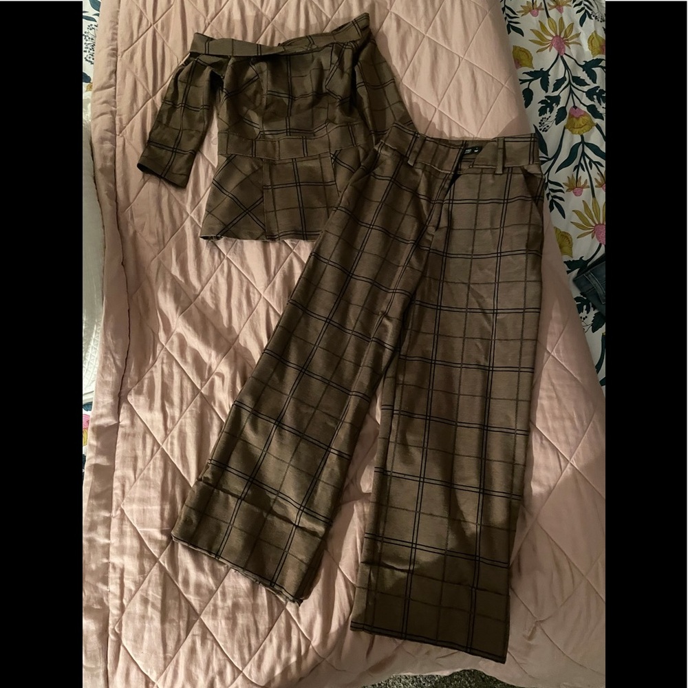 Wide Check Peplum top & wide leg trouser 2pc set